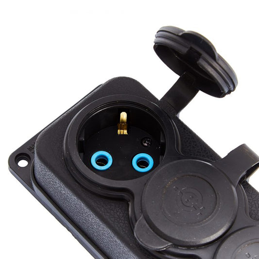 Trojna "gumena" crna utičnica s poklopcem hermetična IP44 250V, 16A, SCHUKO 2P+Z, 3KMP-F, Bylion