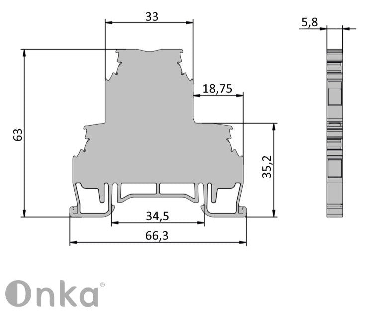 ONKA 2.5mm2, dvokatna vijčana sabirna spojka svorka terminal za DIN šinu 4-žilna siva, 1010332